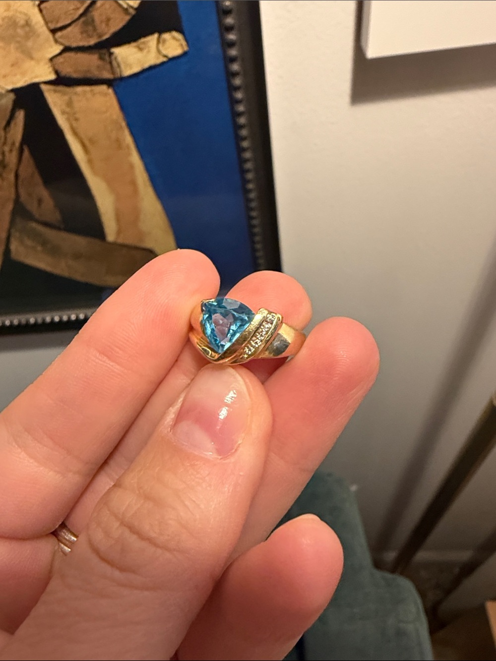 Vintage Gold Cocktail Ring with Blue Topaz and Diamonds - Picture 5 of 6
